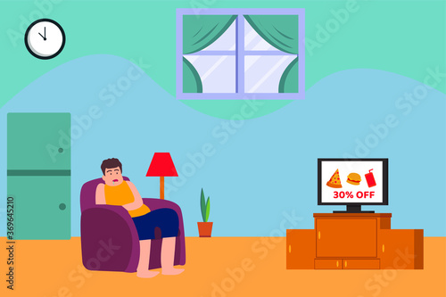Obesity vector concept: fat boy drooling over junk food discount commercial on the television