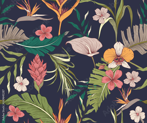 Seamless pattern with exotic flowers and leaves of tropical plants