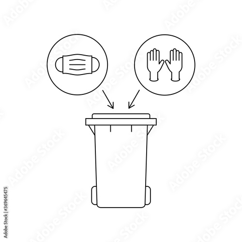 Trash can for used gloves and medical masks. Safely disposal of biohazard waste. Coronavirus prevention tips. Single use PPE. Black outline on white background. Vector illustration, flat, clip art. 