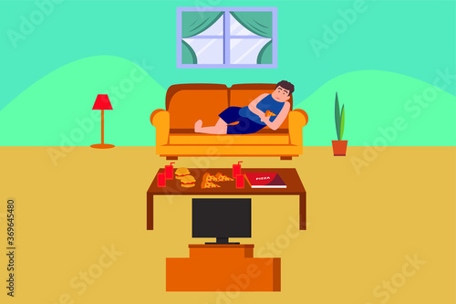 Bad habit vector concept: overweight boy eating pizza and lying on the sofa while watching television
