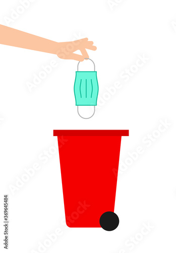Hand throwing away used protective face mask in trash bin. Red garbage bin for biohazard waste. Safely dispose used surgical mask. White background. COVID-19 prevention. Vector illustration, clip art