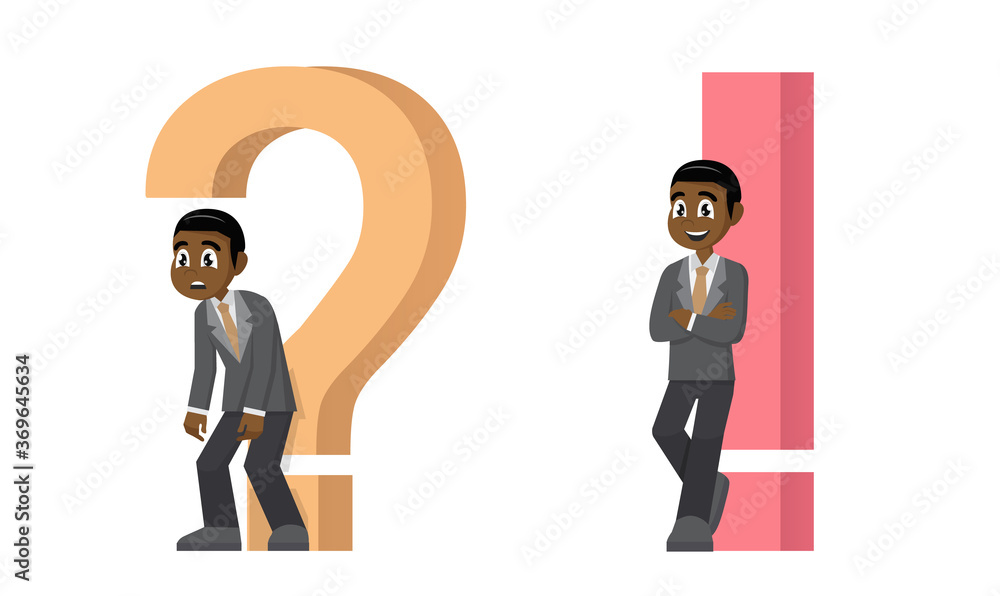 A thinking or doubting African Businessman is near a big question mark and he is with a solution to the problem.Businessman Concept. A thinking or doubting African Businessman is near a big question mark and he is with a solution to the problem.Businessman Concept.