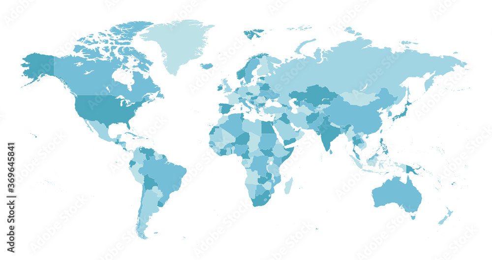 Naklejka premium Mapa świata. Bardzo szczegółowa mapa świata ze szczegółowymi granicami wszystkich krajów w kolorach niebieskim. Ilustracji wektorowych