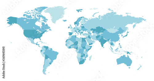 World Map. Highly detailed map of the world with detailed borders of all countries in blue colors. Vector illustration