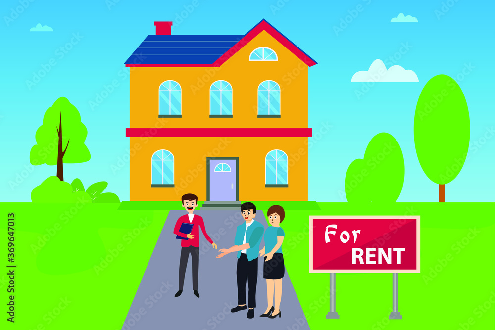 House for rent vector concept: couple talking to real estate agent happily about renting a house House for rent vector concept: couple talking to real estate agent happily about renting a house