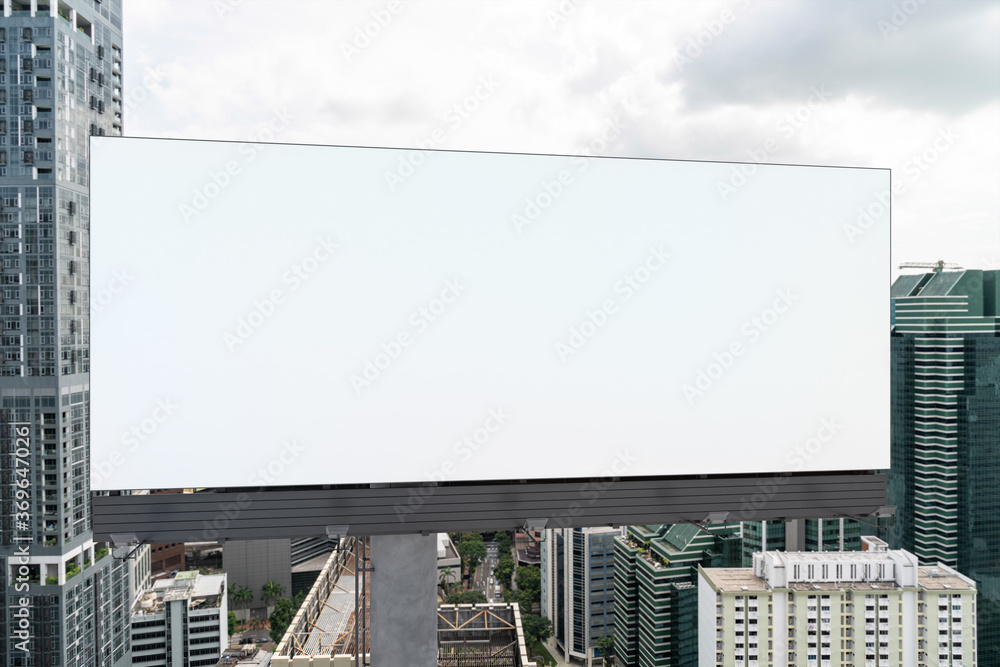 Blank white road billboard with Singapore cityscape background at day time. Street advertising poster, mock up, 3D rendering. Front view. The concept of marketing communication to promote. Blank white road billboard with Singapore cityscape background at day time. Street advertising poster, mock up, 3D rendering. Front view. The concept of marketing communication to promote.