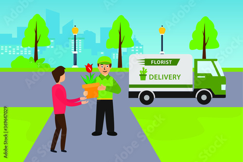 Florist Delivery vector concept: courier giving a pot of red tulip to the male recipient