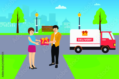 Gift delivery vector concept: courier giving gift box to the female recipient