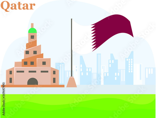 Qatar Independence Day vector concept: Fanar Mosque besides Qatar national flag