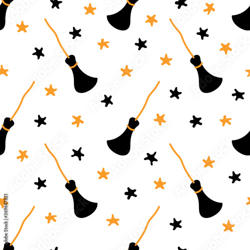 Cute colorful Halloween seamless pattern with brooms and stars. Vector illustration ideal for festive background, decoration, cards, wallpaper, wrapping paper, prints, and fabrics or textile design.