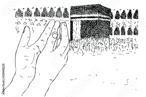 Vector Manual sketch Praying Hand in front of Kaaba in Mecca Saudi Arabia, Isolated on White
