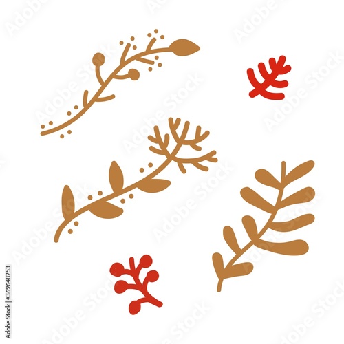 Hand drawn cozy twigs for Autumn hugge or Christmas design. Golden and red branches. Autumn or Christmas greeting card. Cartoon Vector illustration.