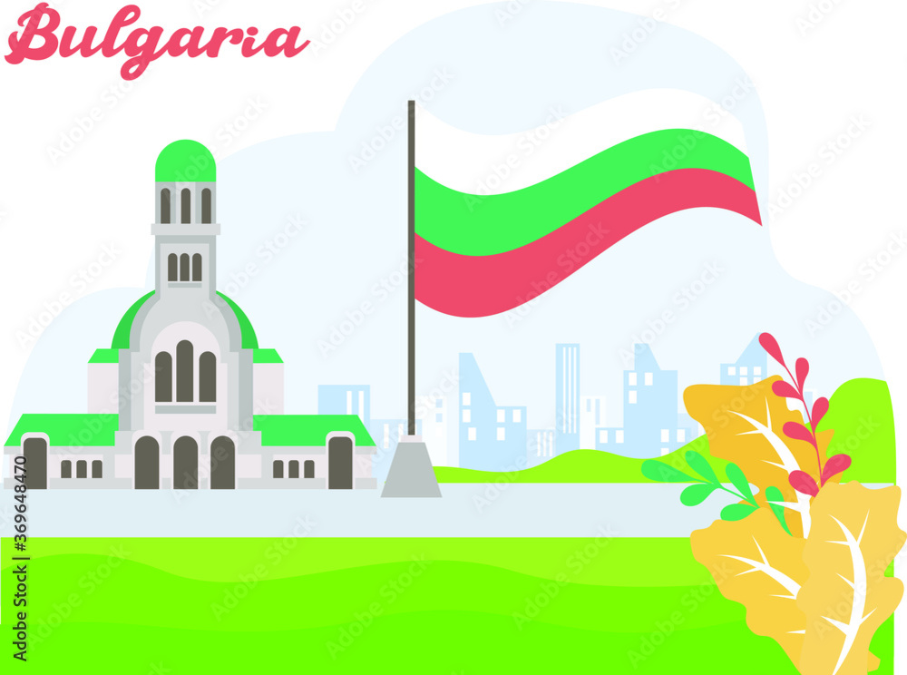 Bulgaria Independence Day vector concept: Rila Monastery besides Bulgaria national flag on the field
