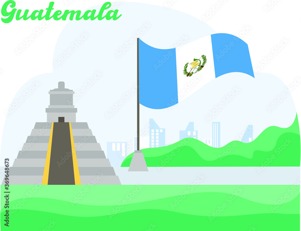 Naklejka premium Guatemala Independence Day vector concept: Tikal pyramid site besides Guatemala national flag at the hills