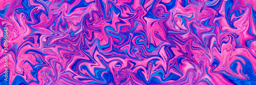 Abstract textured background banner of pink and blue liquid paint swirls
