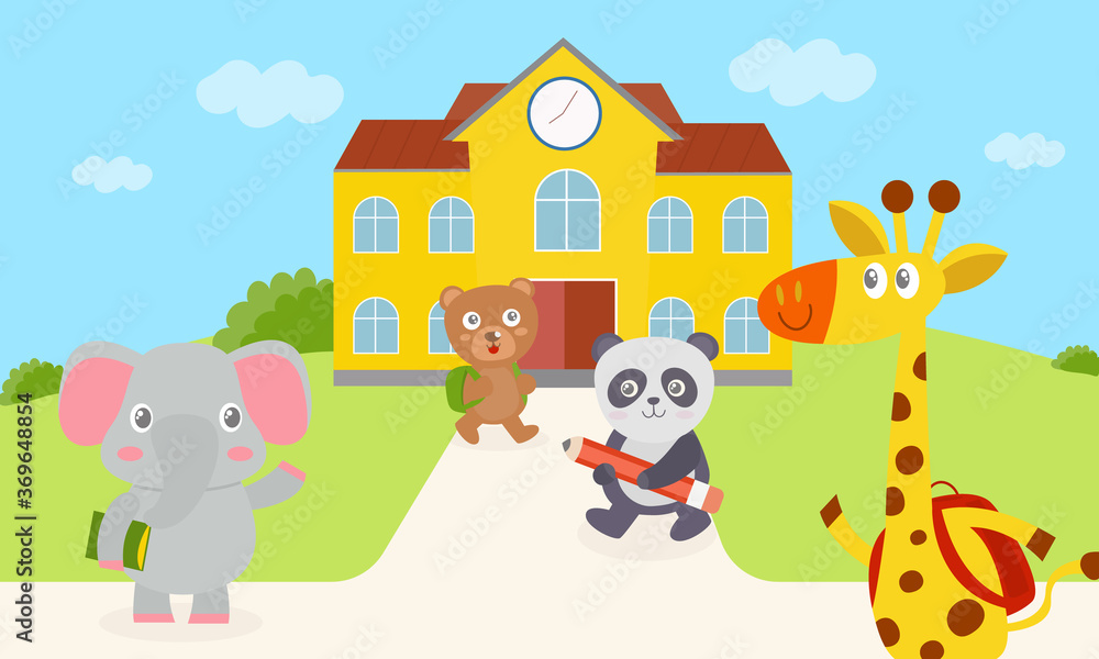 Elephant, bear, panda and giraffes are walking into school. Giraffe and bear carrying a bag green and red. An elephant carrying a book. Panda holding a pencil. Set cute animal.Vector illustration.