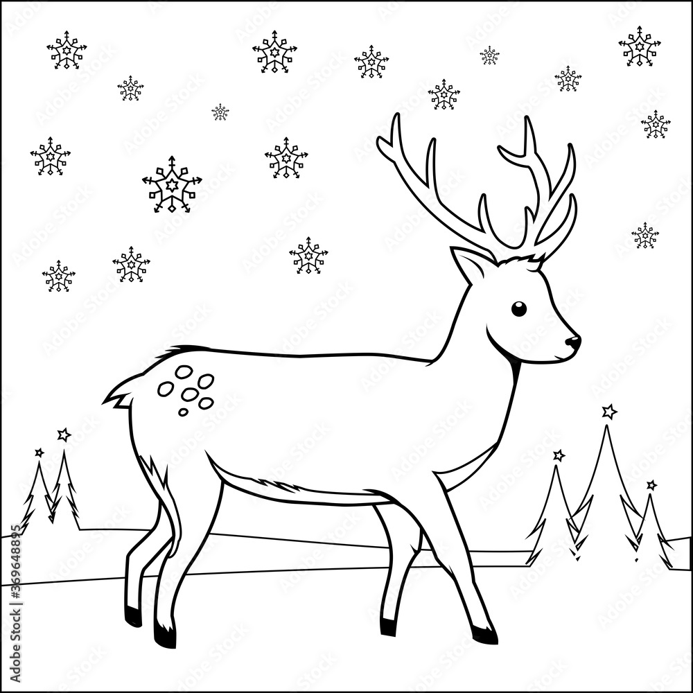 Winter landscape with a deer in the snow. Vector black and white coloring page Winter landscape with a deer in the snow. Vector black and white coloring page