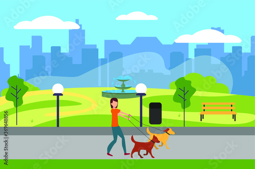 Dog walking vector concept: woman taking her dogs for a walk at the city park