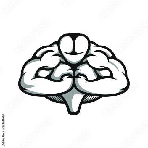 Brain  intellect power. Extreme intelligence  high IQ concept. Brain with strong double biceps. Vector illustration  flat design  cartoon style. Isolated on white background.