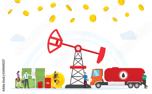 oil and gas business concept profit with oil drilling machine and money gold coin with modern flat style