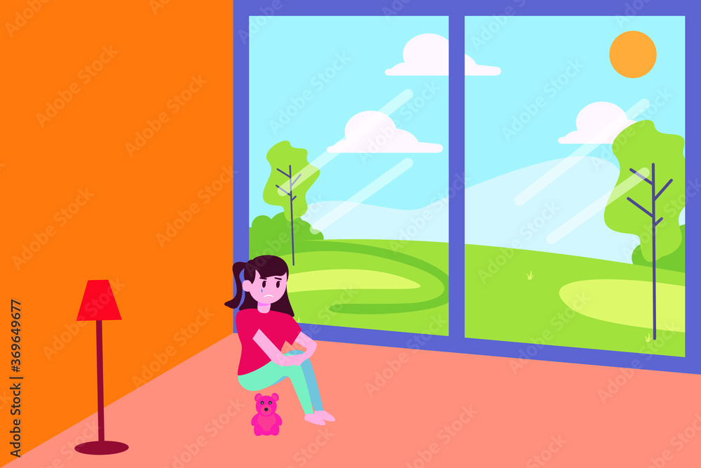 Abused child vector concept: girl crying and hugging her knees in the corner