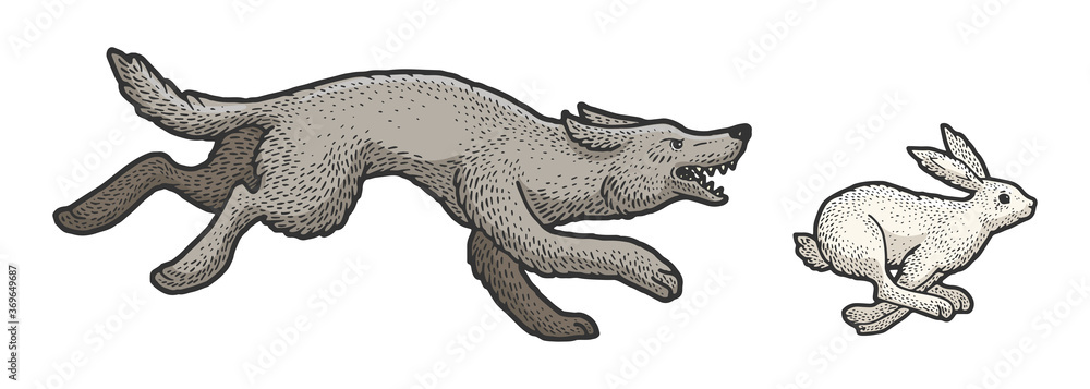 Obraz premium Wolf chasing hare sketch raster illustration