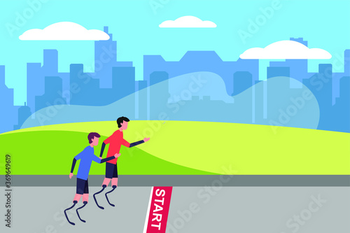 Paralympics vector concept: disabled men preparing to do a sprint at the city park