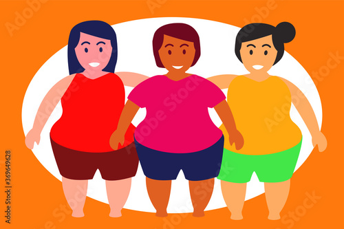 Happy and confident overweight women flat design vector concept