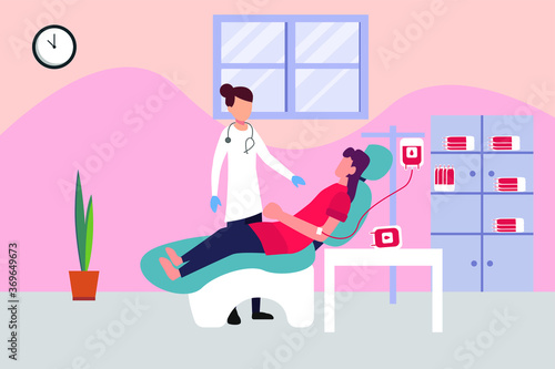Blood donation vector concept: female doctor accompanying the blood donor transfusing her blood