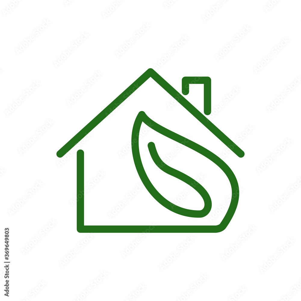Concepto casa verde. Ecología. Icono plano lineal casa con hoja de árbol en color verde Concepto casa verde. Ecología. Icono plano lineal casa con hoja de árbol en color verde