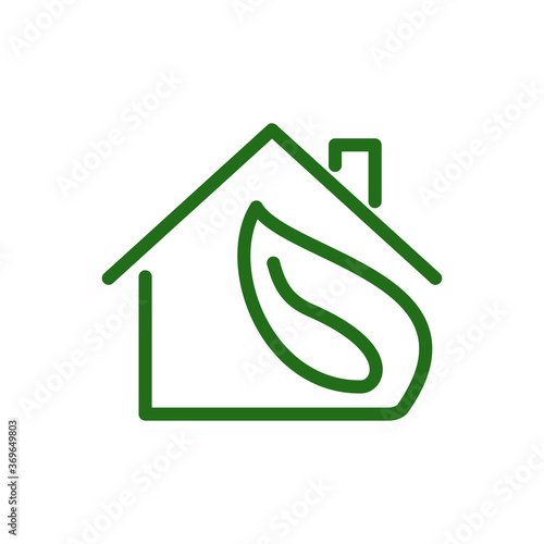 Concepto casa verde. Ecología. Icono plano lineal casa con hoja de árbol en color verde