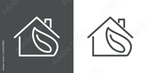 Concepto casa verde. Ecología. Icono plano lineal casa con hoja de árbol en fondo gris y fondo blanco