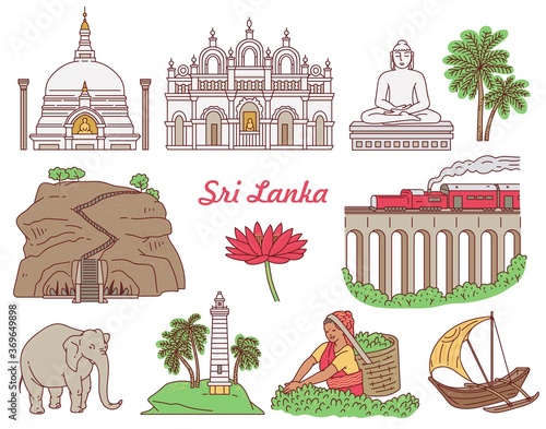 Set of Sri Lanka tourist landmark icons set sketch vector illustration isolated.