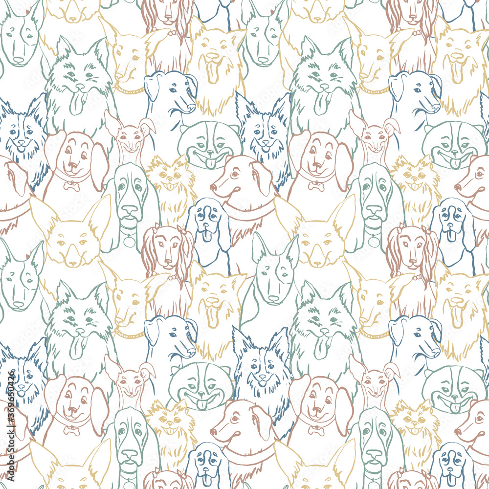 Dogs seamless vector pattern. Illustration with bulldog, bobtail, dachshund, bullterrier, doberman, spitz, chihuahua
