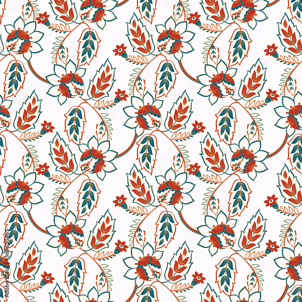 Seamless pattern with ethnic flowers. Vector Floral Illustration in asian textile style