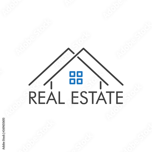 Concepto Real Estate. Logotipo lineal casa formada por tejados en azul y gris