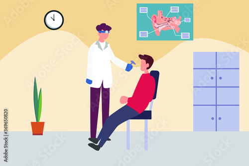 Otology vector concept: otolaryngologist examining his male patient's ear in the clinic