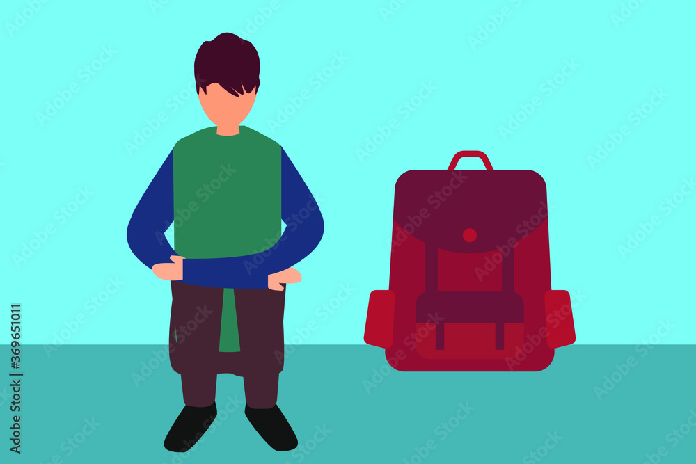Depressed teenager vector concept: teenager sitting and hugging his knees coldly besides a backpack