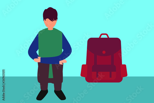 Depressed teenager vector concept: teenager sitting and hugging his knees coldly besides a backpack