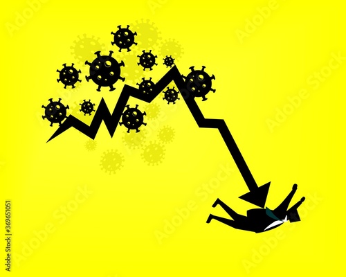 Corona virus impact to global economy design symbol. Silhouette of falling businessman with descending bar graph. Business loss collapse due to the pandemic. Illustration vector
