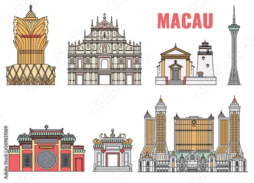 Landmark Macau building icon set isolated on white background