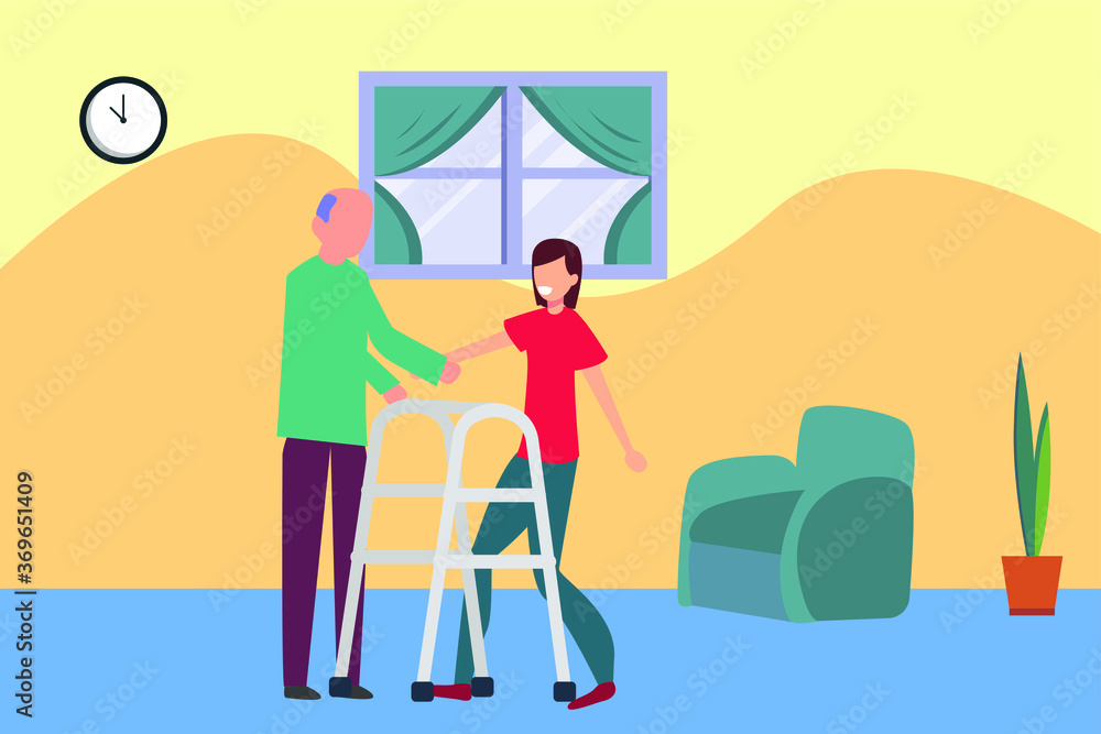 Elderly Caregiver vector concept: Young woman holding the old man's hand and helping him walking with the walker tool Elderly Caregiver vector concept: Young woman holding the old man's hand and helping him walking with the walker tool