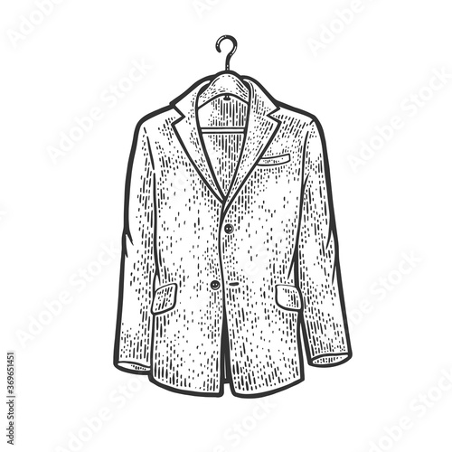 Jacket on shoulders clothes hanger sketch engraving vector illustration. T-shirt apparel print design. Scratch board imitation. Black and white hand drawn image.
