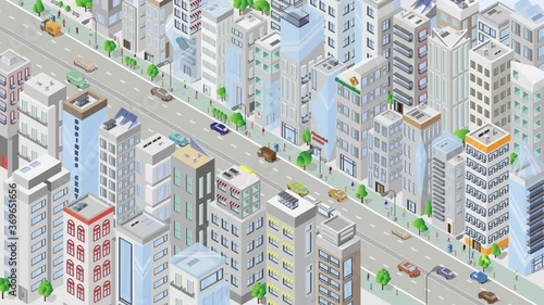 city landscape Animated city. City isometric style with cars roads looped animation. rounded video. Architecture Megalopolis