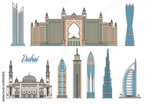 Set of Dubai skyscrapers and hotels icons sketch vector illustration isolated.