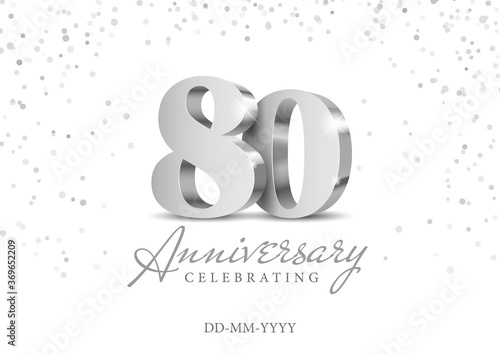 80 Years Anniversary Celebration. Silver 3d numbers. Poster template for Celebrating 80th anniversary event party. Vector illustration