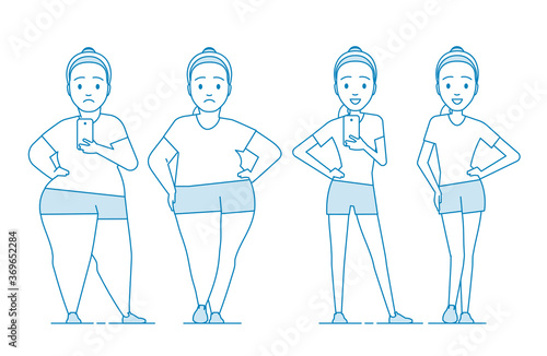 Stages weight loss before and after. Girl in sportswear. Illustration Obesity process. Weight loss through diet or exercise. Overweight Problems fat people. Illustration in line art style. Vector