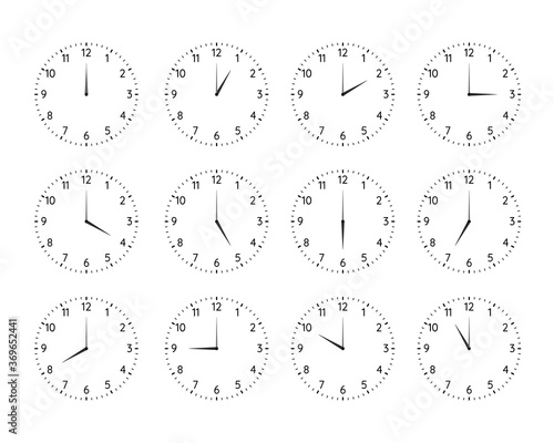 Classic round clock dial plates collection. Clock and watch faces with arabic numerals and full day time variations with hour hand outline vector illustration isolated on white background