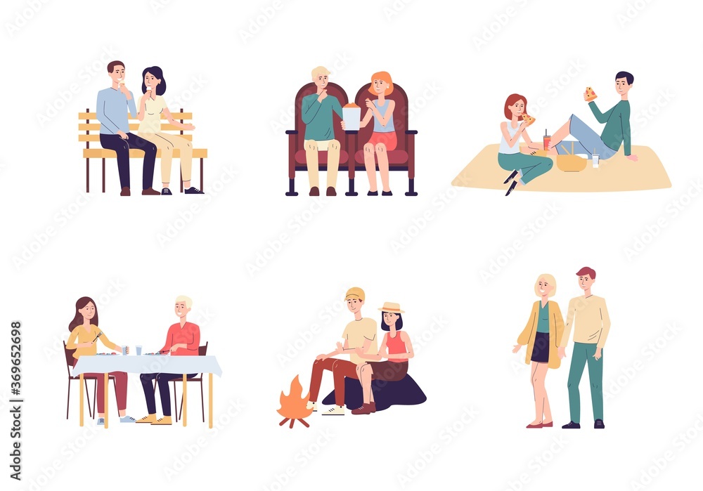 Set of loving couple spending time together flat vector illustration isolated.