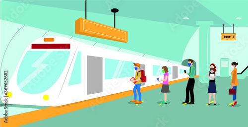Public transport in a new normal  vector concept: queue of people wearing face masks with physical distancing waiting for subway train